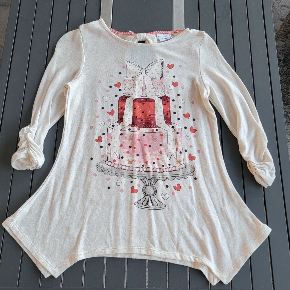 Girls Disney Cream and Black Birthday Cake Graphic Top Size Med Large